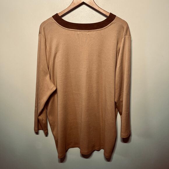 Lauren Ralph Lauren Tunic Sweater Knit Tan Brown V Neck Faux Suede Trim 3X - Picture 4 of 6